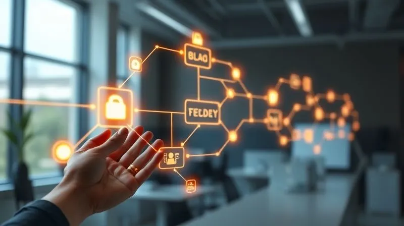 photorealistic, professional photography, 8K, cinematic lighting, sharp focus, depth of field, shot on a high-end DSLR. A stylized, glowing flowchart with interconnected nodes, representing an optimized workflow. Hands are seen efficiently moving elements, suggesting seamless automation and productivity. The background is a modern, minimalist office, emphasizing clarity and order.