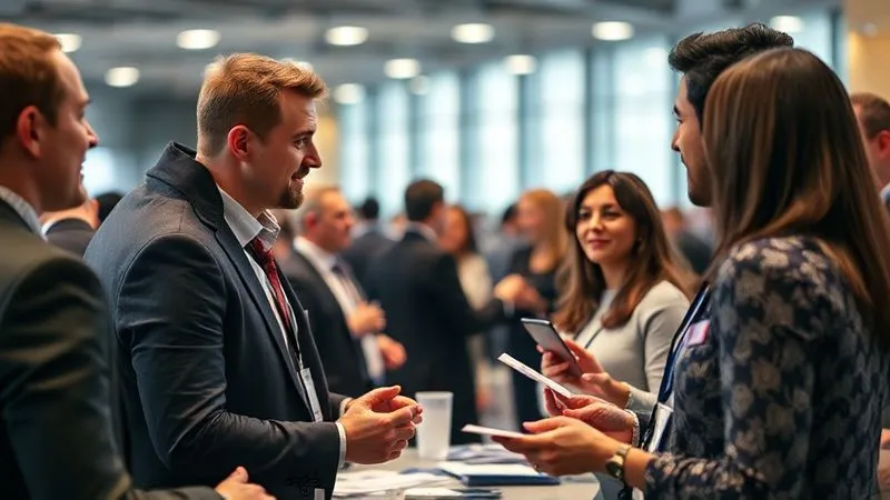 A photorealistic image of diverse professionals networking at a modern conference, exchanging business cards and engaging in lively conversation. Soft, warm cinematic lighting, sharp focus on the interactions, depth of field blurring the background, 8K, shot on a high-end DSLR.
