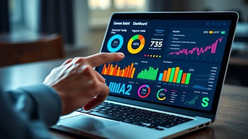 A photorealistic image of a freelancer's hand pointing at a dynamic dashboard on a laptop screen, displaying various SEO metrics like domain authority, organic traffic, and backlink growth in colorful, easy-to-read charts. Cinematic lighting, sharp focus on the screen, depth of field, 8K, shot on a high-end DSLR.