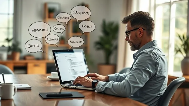 A photorealistic image of a freelancer SEO expert meticulously optimizing a blog post on a laptop, surrounded by thought bubbles representing keywords, content strategy, and client attraction. The scene is set in a modern, well-lit home office, with strategic use of natural light. Cinematic lighting, sharp focus on the laptop screen and the expert's hands, depth of field blurring the background. 8K hyper-detailed, professional photography, shot on a high-end DSLR.