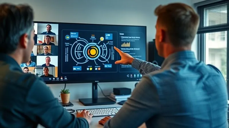A photorealistic image of a professional freelancer SEO giving an engaging online webinar, with a diverse group of participants visible in smaller windows on the screen. The freelancer is pointing to a complex SEO diagram on a large monitor. The setting is a clean, modern home office. Cinematic lighting, sharp focus on the speaker and the main screen, depth of field blurring the background. 8K hyper-detailed, professional photography, shot on a high-end DSLR.