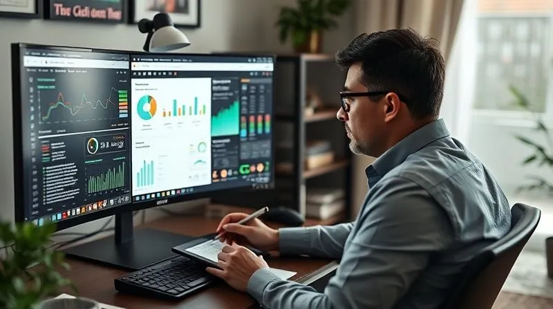 A photorealistic image of a freelancer SEO expert meticulously analyzing a website on a dual-monitor setup, with data graphs and SEO audit tools visible. The expert is making notes, looking thoughtful and strategic. The environment is a focused, professional home office. Cinematic lighting, sharp focus on the screens and the expert's face, depth of field blurring the background. 8K hyper-detailed, professional photography, shot on a high-end DSLR.