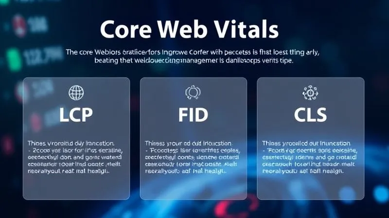 A photorealistic infographic displaying the three Core Web Vitals (LCP, FID, CLS) with clear, concise explanations and small icons representing each. The overall aesthetic is clean, modern, and professional, with a subtle digital glow, 8K hyper-detailed, cinematic lighting, sharp focus.