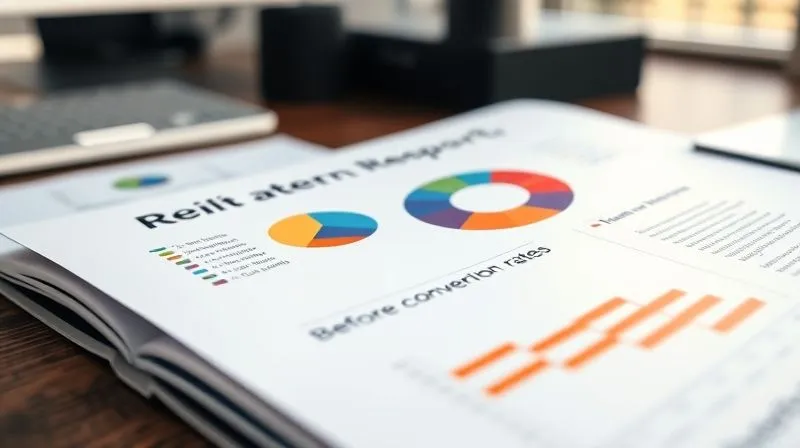 A photorealistic close-up of a professional business report open on a desk, highlighting a section with a clear, vibrant pie chart showing ROI breakdown and a bar graph illustrating 'before and after' conversion rates. Cinematic lighting, sharp focus on the report, depth of field blurring the background, 8K hyper-detailed, professional photography.