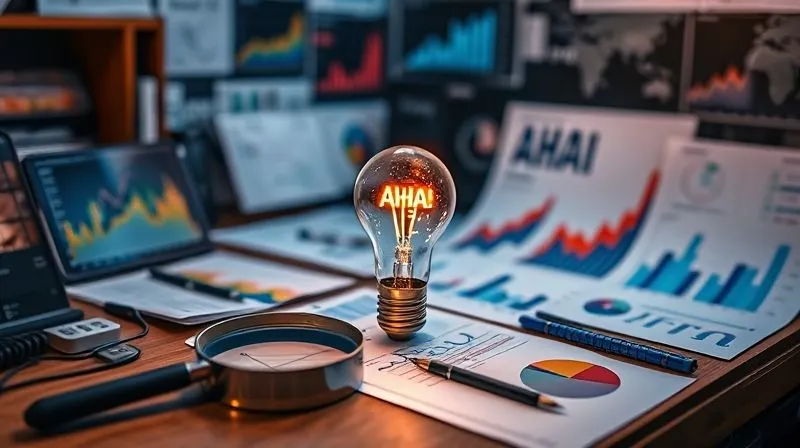 A photorealistic image of a detective's desk, with various data points, magnifying glass, heatmaps, and analytics dashboards scattered around, all pointing towards a central 'AHA!' moment represented by a glowing lightbulb. Cinematic lighting, sharp focus on the details, depth of field blurring the background, 8K, professional photography, shot on a high-end DSLR.