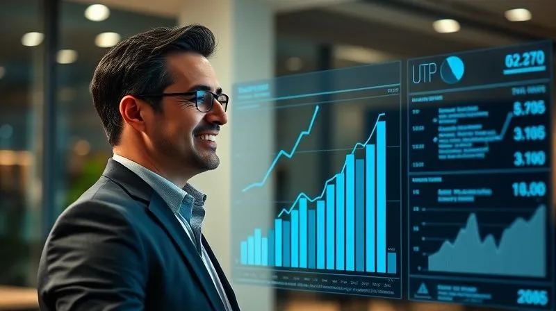 A photorealistic image of a business executive looking confidently at a holographic dashboard displaying clear, upward-trending graphs and financial metrics. The executive is smiling subtly, indicating satisfaction with the results. Cinematic lighting, sharp focus on the dashboard, depth of field blurring a modern office, 8K, professional photography, shot on a high-end DSLR.