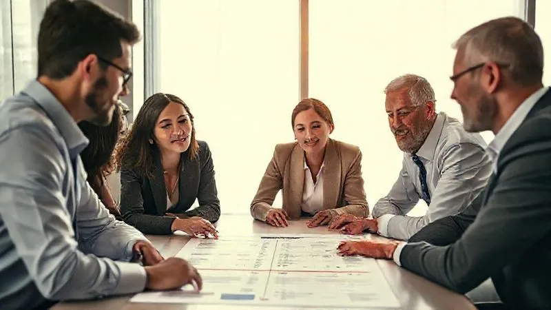 A photorealistic image of a diverse group of business professionals, including a young female entrepreneur and an experienced male consultant, engaged in a focused discussion around a table. A clear, well-structured project plan is displayed on a tablet, with a timeline and key milestones highlighted. The atmosphere is collaborative and optimistic, with cinematic lighting emphasizing clarity and shared understanding. professional photography, 8K, sharp focus, depth of field, shot on a high-end DSLR.
