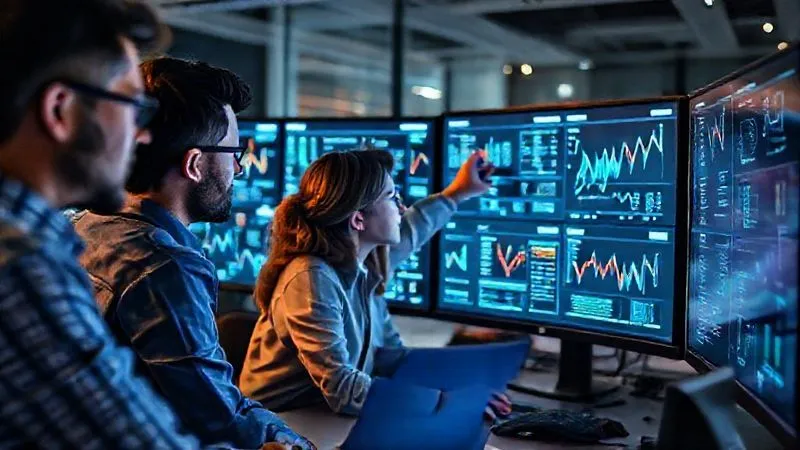 A photorealistic image of a diverse team of digital strategists, intently analyzing complex data visualizations on multiple screens in a modern, collaborative workspace. The screens display charts, graphs, and trend lines, with one person pointing to a significant data point. The atmosphere is one of focused innovation and forward-thinking, illuminated by the glow of the monitors. professional photography, 8K, cinematic lighting, sharp focus, depth of field, shot on a high-end DSLR.