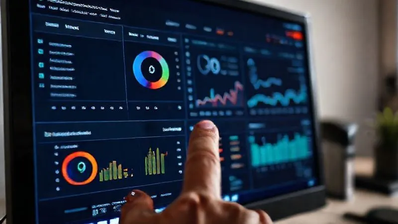 A photorealistic close-up of a computer screen displaying a complex SEO dashboard, with various graphs, charts, and data points related to website indexing, crawl errors, and page performance. A hand points to a 'discovered - not indexed' section. Cinematic lighting, sharp focus on the screen, depth of field blurring the background, 8K hyper-detailed, professional setting.