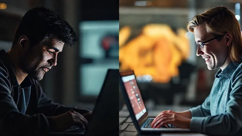 A photorealistic split image: on the left, a frustrated user looking at a slow-loading website with a spinning wheel, dark and desaturated colors. On the right, a joyful user interacting with a fast, vibrant website, bright and clear. Cinematic lighting, sharp focus on both screens, depth of field blurring the background, 8K hyper-detailed, illustrating speed vs. slowness impact.