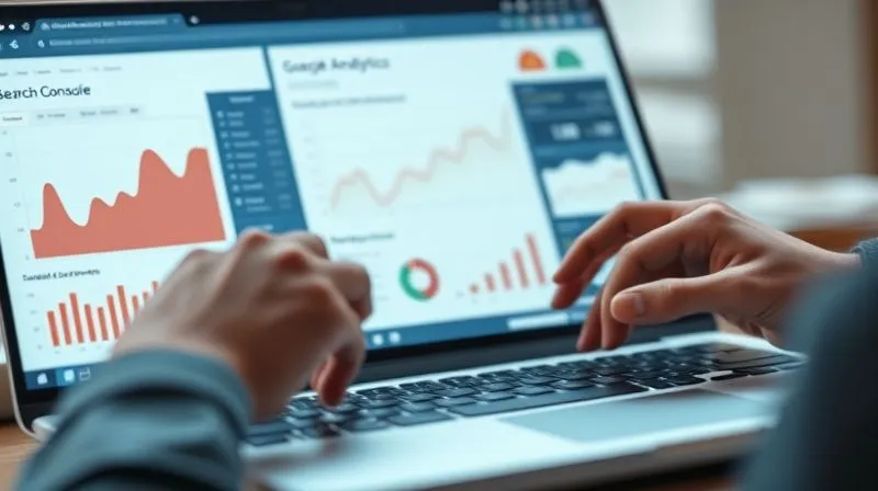 A photorealistic dashboard displaying Google Search Console and Google Analytics data, with downward trending graphs highlighted in red, surrounded by professional hands analyzing the data on a laptop, cinematic lighting, sharp focus, depth of field, 8K hyper-detailed, professional photography, shot on a high-end DSLR.