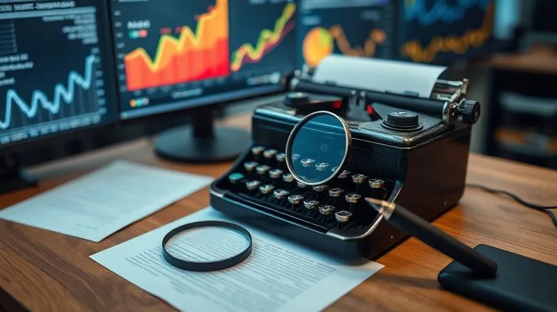 A photorealistic image of a vintage typewriter on a desk, with a magnifying glass over a document filled with text, surrounded by data charts and analytics on a screen in the background, cinematic lighting, sharp focus on the typewriter, depth of field, 8K hyper-detailed, professional photography, shot on a high-end DSLR.