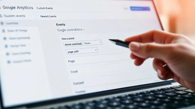 A photorealistic screenshot of the Google Analytics 4 (GA4) interface, specifically showing the "Events" configuration section. On the screen, a new custom event named "ebook_download" is being set up, with parameters like "file_name" and "page_path" visible. The background is a clean, modern UI, with a hand holding a stylus pointing at the screen. Cinematic lighting, sharp focus on the screen, depth of field blurring the hand and keyboard. 8K hyper-detailed, professional photography.