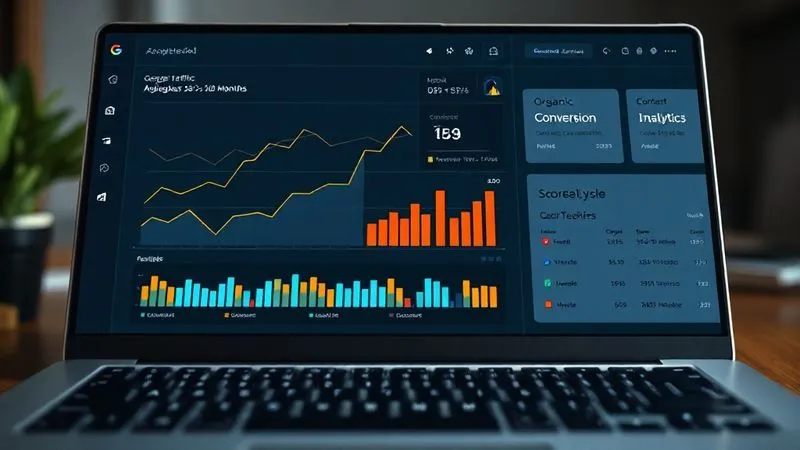 A photorealistic representation of a Google Analytics 4 (GA4) custom dashboard for SEO freelancers. The dashboard displays clear, concise charts and graphs: a line chart showing organic traffic growth over 6 months, a bar chart detailing organic conversions by content type, and a scorecard showing "Organic Conversion Rate" and "Organic Revenue." The design is clean and professional, with a focus on key performance indicators. Cinematic lighting, sharp focus on the dashboard elements, depth of field blurring a laptop keyboard in the foreground. 8K hyper-detailed, professional photography.
