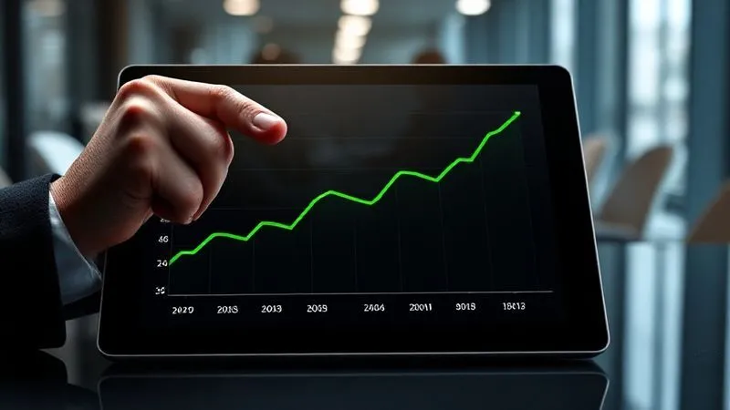 A photorealistic chart depicting a strong upward trend in organic search conversions over a 12-month period, presented on a sleek, modern tablet screen. The chart uses a vibrant green line against a dark, professional background, with clear labels for months and conversion numbers. A hand is pointing confidently at the rising trend line. Cinematic lighting, sharp focus on the tablet screen, depth of field blurring a business meeting in the background. 8K hyper-detailed, professional photography.