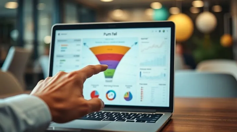 A photorealistic, professional photography, 8K, cinematic lighting, sharp focus, depth of field, shot on a high-end DSLR, showing a person's hand pointing at a complex, colorful funnel chart on a laptop screen, with various metrics and arrows indicating user flow and drop-off points. The background is a blurred office environment.