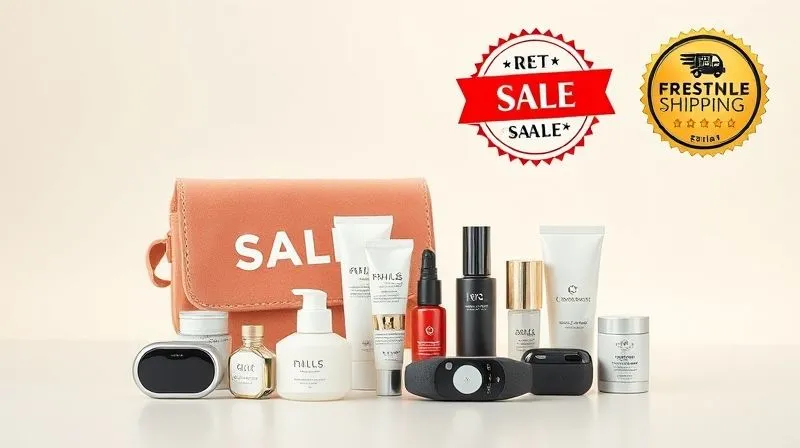 A photorealistic, professional photography, 8K, cinematic lighting, sharp focus, depth of field, shot on a high-end DSLR, showing a beautifully arranged e-commerce product bundle (e.g., skincare set or tech gadgets) with a 'SALE' tag and a 'Free Shipping' badge prominently displayed on a clean, minimalist background.