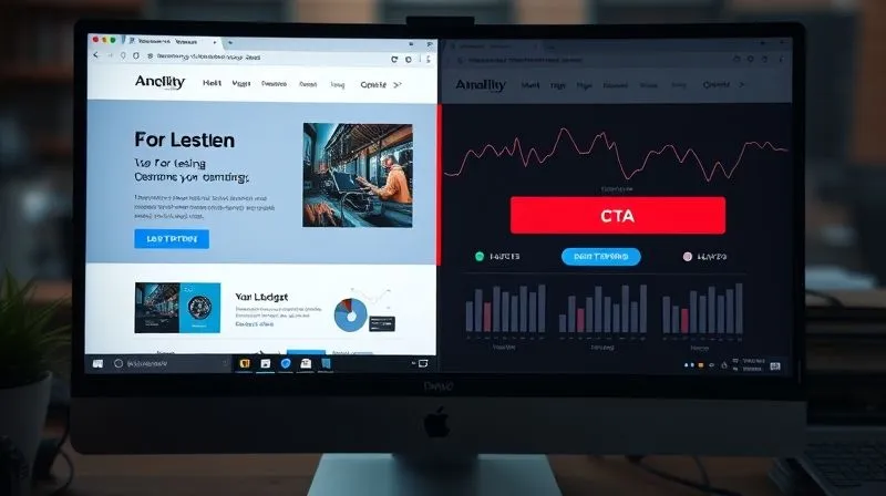 A photorealistic, professional photography, 8K, cinematic lighting, sharp focus, depth of field, shot on a high-end DSLR, showing a split screen on a computer monitor. On one side, a website design with a blue CTA button. On the other side, the same website design with a red CTA button, with analytical charts and graphs overlaying both, symbolizing A/B testing and data analysis.