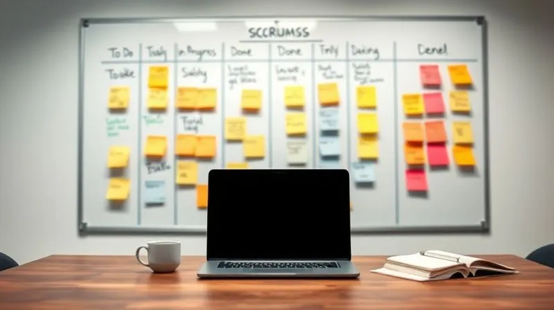 A photorealistic, professional photography of a freelancer's desk with a whiteboard in the background, showing a neatly organized Scrum board with columns for 'To Do', 'In Progress', and 'Done' tasks. Sticky notes in various colors represent different projects or tasks, with clear handwritten labels. The desk foreground has a laptop, a cup of coffee, and a notebook, all suggesting a focused and productive environment. Cinematic lighting, sharp focus on the whiteboard and desk, depth of field blurring the background. 8K hyper-detailed, shot on a high-end DSLR.
