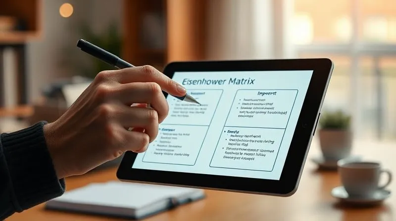 A photorealistic, professional photography of a hand holding a pen, pointing at a digital Eisenhower Matrix displayed on a tablet screen. The matrix is clearly divided into four quadrants (Urgent/Important, Important/Not Urgent, Urgent/Not Important, Not Urgent/Not Important), with tasks categorized within them. The background shows a subtly blurred home office environment, suggesting strategic planning amidst daily work. Cinematic lighting, sharp focus on the tablet and hand, depth of field blurring the background. 8K hyper-detailed, shot on a high-end DSLR.