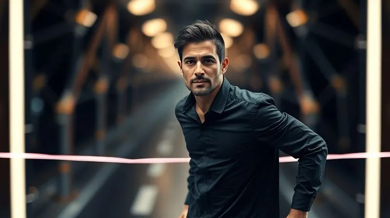 A photorealistic, professional photography of a freelancer confidently crossing a finish line made of light, symbolizing overcoming challenges and achieving goals. The background is a blurred, dynamic representation of multiple interconnected projects, showing complexity being successfully navigated. The freelancer has a determined yet calm expression. Cinematic lighting, sharp focus on the freelancer, depth of field blurring the background. 8K hyper-detailed, shot on a high-end DSLR.