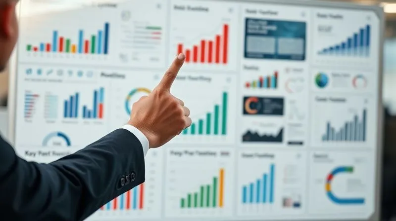 A photorealistic image of a person confidently pointing at a whiteboard filled with neatly organized data, charts, and key performance indicators (KPIs) showing significant growth. The person is well-dressed, in a modern office setting, with a sense of accomplishment. Cinematic lighting, sharp focus on the whiteboard and the person's hand, depth of field blurring the background, 8K hyper-detailed, professional photography, shot on a high-end DSLR.