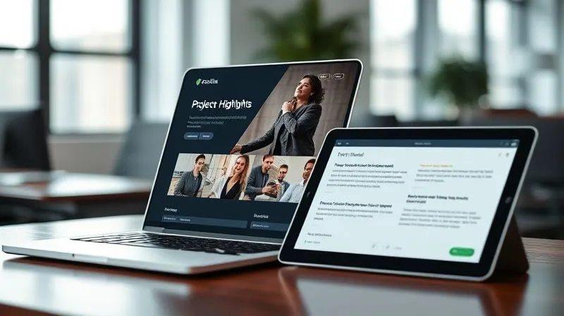 A photorealistic image of a modern, clean digital portfolio displayed on a sleek laptop screen, with client testimonials scrolling on a tablet beside it. The portfolio features impactful project highlights and clear, quantifiable results. Cinematic lighting, sharp focus on the screens, depth of field blurring the office background, 8K hyper-detailed, professional photography, shot on a high-end DSLR.