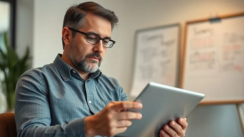A photorealistic image of a professional freelancer, a man in his 40s, thoughtfully reviewing a client proposal on a tablet, with a slight look of contemplation but not discouragement. He is in a clean, minimalist office, perhaps with a whiteboard in the background showing strategic notes. Cinematic lighting, sharp focus on the man and tablet, depth of field blurring the background, 8K hyper-detailed, professional photography, shot on a high-end DSLR.