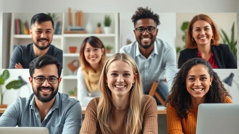 A photorealistic image of a freelancer, a diverse group of people (male and female, various ethnicities) engaged in a collaborative video call, all smiling and looking confident. They are in different home office settings, but a sense of connection and support is evident. Cinematic lighting, sharp focus on the faces, depth of field blurring individual backgrounds, 8K hyper-detailed, professional photography, shot on a high-end DSLR.