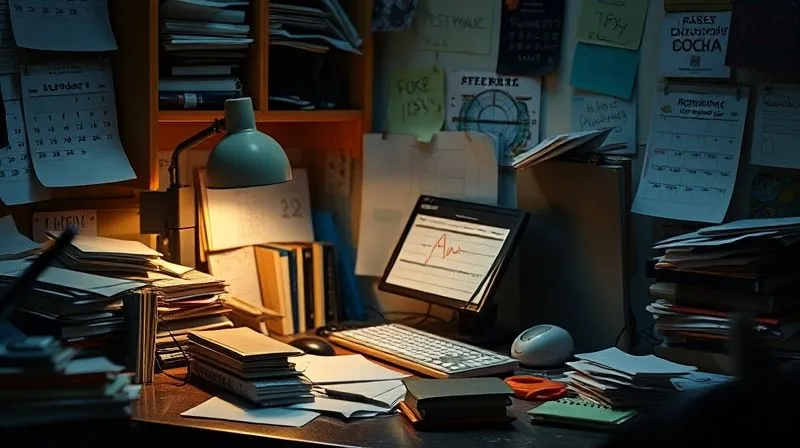 A photorealistic image of a freelancer's desk, cluttered with old, uninspiring projects, a calendar showing repetitive tasks, and a distant, unmotivated gaze from the freelancer. Cinematic lighting, sharp focus, 8K hyper-detailed.