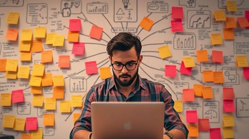 A photorealistic image of a freelancer brainstorming, surrounded by mind maps, sticky notes with new ideas for services and products, symbolizing innovation and diversification. Cinematic lighting, sharp focus, 8K hyper-detailed.
