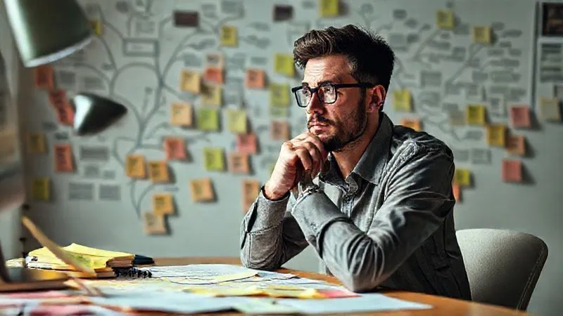 A photorealistic image of a thoughtful person sitting at a desk, surrounded by mind maps and sticky notes, representing self-reflection and strategic planning. The focus is on their determined expression as they connect ideas. Cinematic lighting, 8K, sharp focus, depth of field, shot on a high-end DSLR.