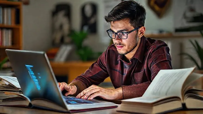 A photorealistic image of a person actively learning, perhaps on a laptop with code or design software visible, surrounded by open books and a focused expression. The scene emphasizes growth and skill development, with vibrant, inspiring lighting. 8K, sharp focus, depth of field, shot on a high-end DSLR.