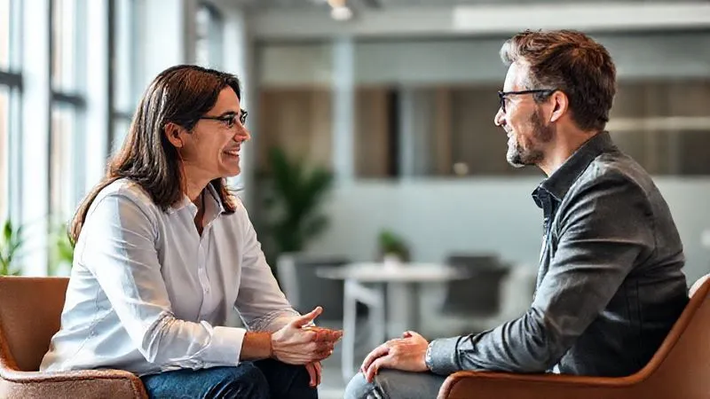 A photorealistic image of two professionals, a coach and a client, engaged in a focused and empathetic conversation in a modern, bright office setting. They are sitting opposite each other, making eye contact, with a sense of mutual understanding and positive energy. Cinematic lighting, 8K, sharp focus on their interaction, depth of field, shot on a high-end DSLR.