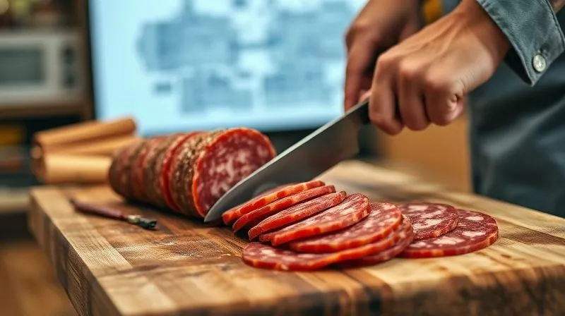 A photorealistic image of a person meticulously slicing a large, artisanal salami into thin, perfect rounds on a rustic wooden cutting board, with a blurred background showing a complex, digital project plan on a screen. The scene is bathed in warm, cinematic lighting, with sharp focus on the hands and knife, showcasing hyper-detailed textures. 8K resolution, depth of field, professional photography, shot on a high-end DSLR.