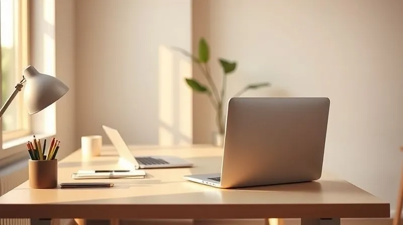 A photorealistic image of a perfectly organized, minimalist home office desk bathed in warm natural light coming from a large window, with a focused freelancer working diligently on a sleek laptop. The desk is free of clutter, showing only essential items. The background is a serene, slightly out-of-focus wall with a subtle plant, conveying calm and productivity. Professional photography, 8K, cinematic lighting, sharp focus on the desk and laptop, depth of field, shot on a high-end DSLR.