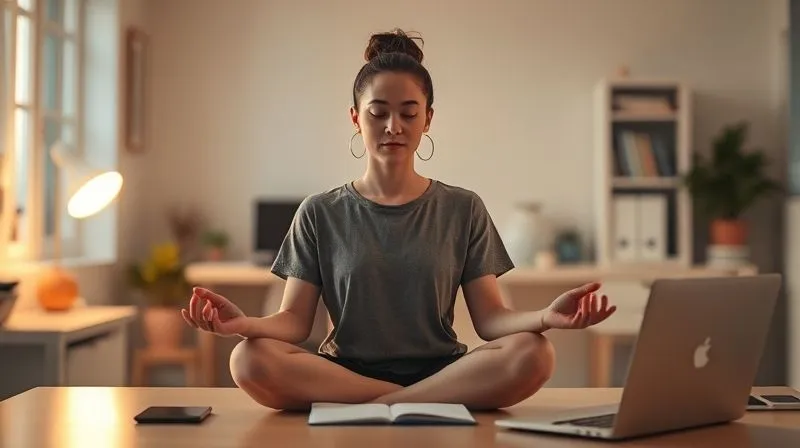 A photorealistic image of a freelancer meditating calmly at their minimalist desk, surrounded by a soft, warm glow that symbolizes peace, focus, and self-compassion amidst the challenges of work. The background is a serene, slightly out-of-focus home office with natural light. Professional photography, 8K, cinematic lighting, sharp focus on the person's serene expression, depth of field, shot on a high-end DSLR.