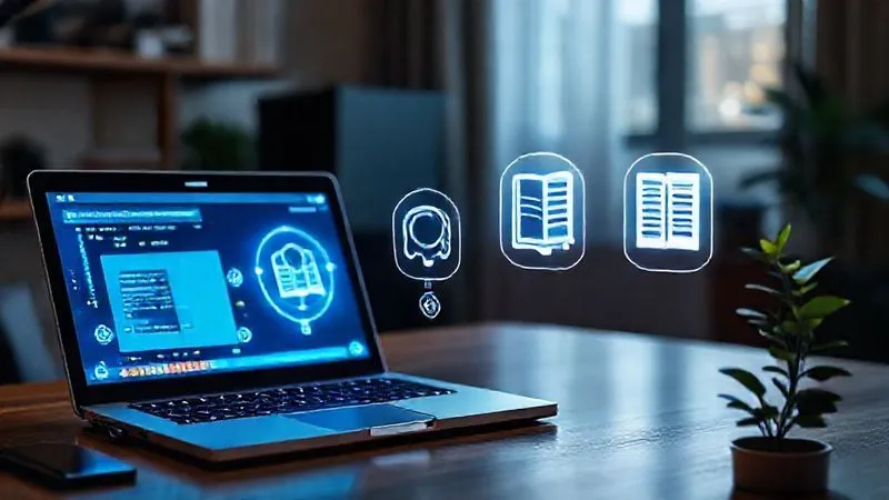 A photorealistic image showing a freelancer's desk with multiple glowing holographic icons representing diversified income streams: a laptop with a course platform, an e-book icon, a consulting report, and a small plant symbolizing growth. Cinematic lighting, sharp focus on the desk, depth of field blurring the background, 8K hyper-detailed, shot on a high-end DSLR.