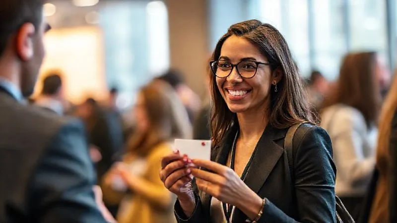 A photorealistic image of a professional freelancer making a genuine connection with a potential client at a bustling virtual networking event, with blurred background figures. The freelancer is smiling confidently, holding a virtual business card. Cinematic lighting, sharp focus on the interaction, depth of field, 8K hyper-detailed, shot on a high-end DSLR.