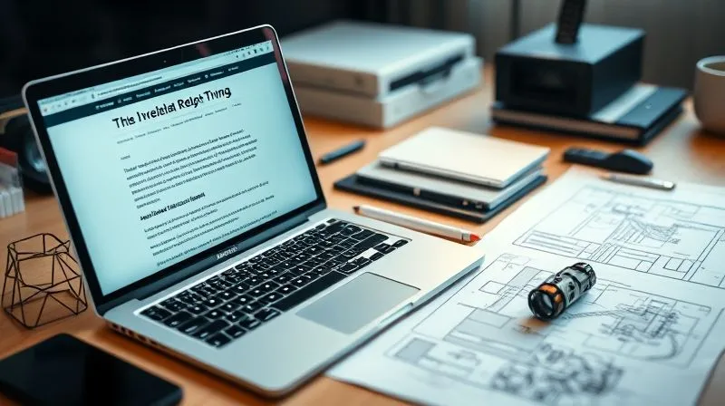 A photorealistic image of a tech freelancer's meticulously organized desk, featuring a laptop displaying a blog post about industrial robotics, a technical drawing, and a small, intricate robotic component. Cinematic lighting, sharp focus on the blog content, depth of field blurring the background, 8K hyper-detailed, shot on a high-end DSLR.