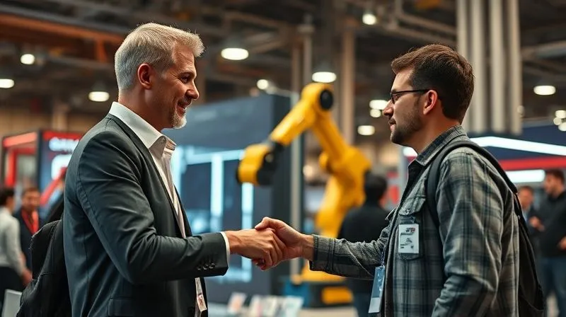 A photorealistic image of a tech freelancer attending an industrial trade show, exchanging business cards with a factory manager near a display of a robotic arm. The atmosphere is professional and engaging, with cinematic lighting highlighting their interaction. 8K hyper-detailed, sharp focus on the handshake, depth of field blurring the background, shot on a high-end DSLR.
