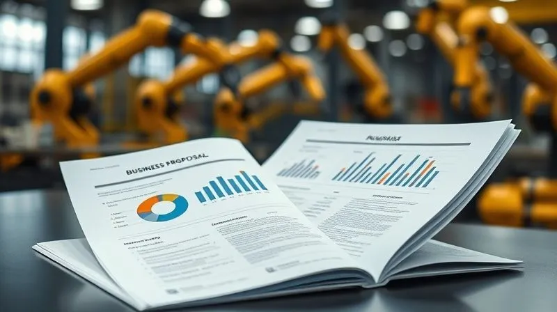 A photorealistic image of a detailed business proposal document, open on a modern desk, with charts and graphs highlighting ROI projections for an industrial robotics project. A blurred background shows a factory floor with robotic arms. Cinematic lighting, 8K hyper-detailed, sharp focus on the document, depth of field, shot on a high-end DSLR.