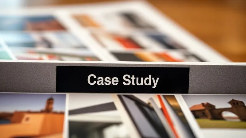 A photorealistic close-up of a meticulously organized project portfolio with a blurred background, showcasing various successful projects. The focus is on a prominent 'Case Study' label, conveying professionalism and expertise. Cinematic lighting, sharp focus, depth of field, 8K hyper-detailed, professional photography, shot on a high-end DSLR.