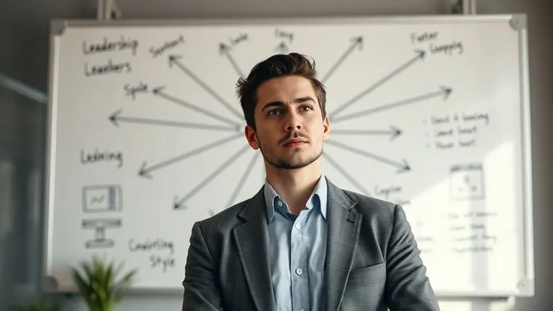 A photorealistic image of a freelancer (gender-neutral, professional attire) standing in front of a whiteboard filled with different interconnected leadership styles and arrows, representing adaptability. The freelancer has a thoughtful yet confident expression, suggesting strategic thinking. Soft, cinematic lighting, sharp focus on the individual and whiteboard, depth of field subtly blurring the office background. 8K hyper-detailed, professional photography, shot on a high-end DSLR.