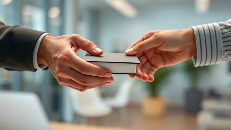 A photorealistic close-up of hands exchanging a small, elegant notebook, symbolizing the giving and receiving of feedback. One hand is slightly older, experienced; the other is younger, eager to learn. The setting is a modern, clean office. Cinematic lighting, sharp focus on the hands and notebook, depth of field blurring the faces. 8K hyper-detailed, professional photography, shot on a high-end DSLR.