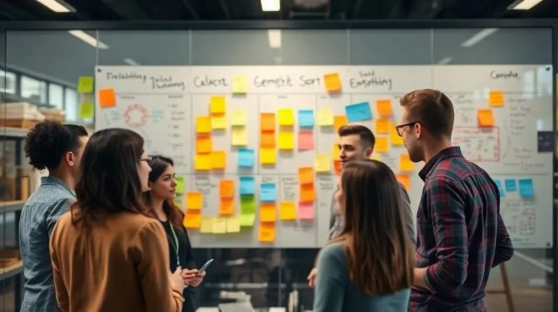 A photorealistic image of a diverse group of professionals (freelancers, entrepreneurs) collaboratively brainstorming around a large glass whiteboard, filled with colorful sticky notes, diagrams, and empathy maps. Cinematic lighting, sharp focus on the whiteboard and faces, depth of field, 8K hyper-detailed, professional photography, shot on a high-end DSLR.