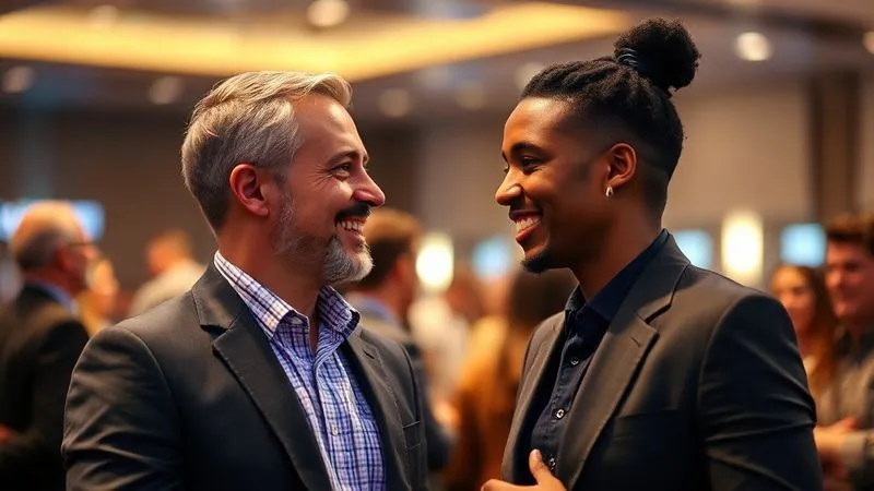 A photorealistic image of two diverse professionals, a man and a woman, engaged in a deep, genuine conversation at a networking event. They are making eye contact, smiling warmly, and leaning slightly towards each other, indicating active listening and rapport. The background is softly blurred with other attendees, and the lighting is warm and inviting. Professional photography, 8K, cinematic lighting, sharp focus on their faces, depth of field. Shot on a high-end DSLR.