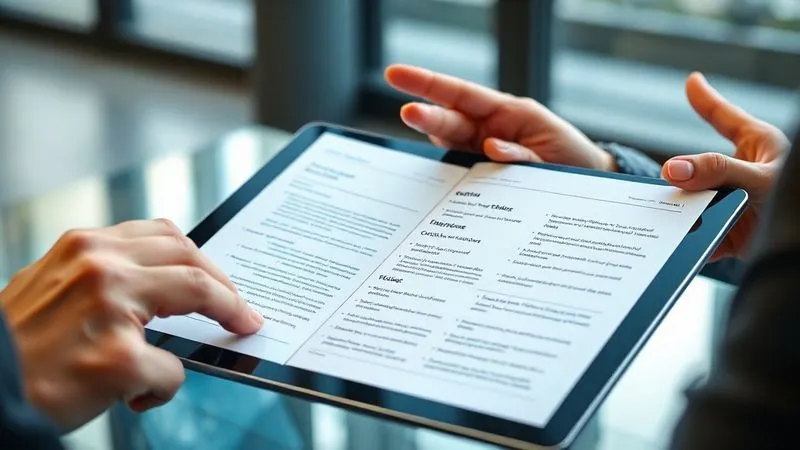 A photorealistic image of a professional proposal document open on a sleek tablet, with a freelancer's hands (diverse, subtle) gesturing towards the screen while discussing with a client. The document displays a clear, elegant layout with key sections highlighted, showing a focus on solutions and value. Modern office background, cinematic lighting, sharp focus on the tablet and hands, depth of field. Shot on a high-end DSLR, 8K hyper-detailed.