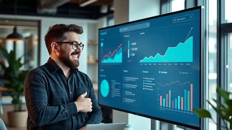 A photorealistic image showing a freelancer and a long-term client smiling and looking at a successful project dashboard on a large screen in a modern office. Their body language suggests a strong, trusting relationship built over time. A subtle growth chart is visible on the screen. Cinematic lighting, sharp focus on their interaction, depth of field. Shot on a high-end DSLR, 8K hyper-detailed.