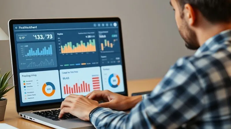 A photorealistic image of a freelancer analyzing a dashboard on a laptop screen, displaying various networking and client conversion metrics (e.g., number of leads, conversion rates, project value) in clear, modern charts and graphs. The freelancer looks focused and thoughtful, perhaps with a notebook beside them. Professional photography, 8K, cinematic lighting, sharp focus on the screen, depth of field. Shot on a high-end DSLR.